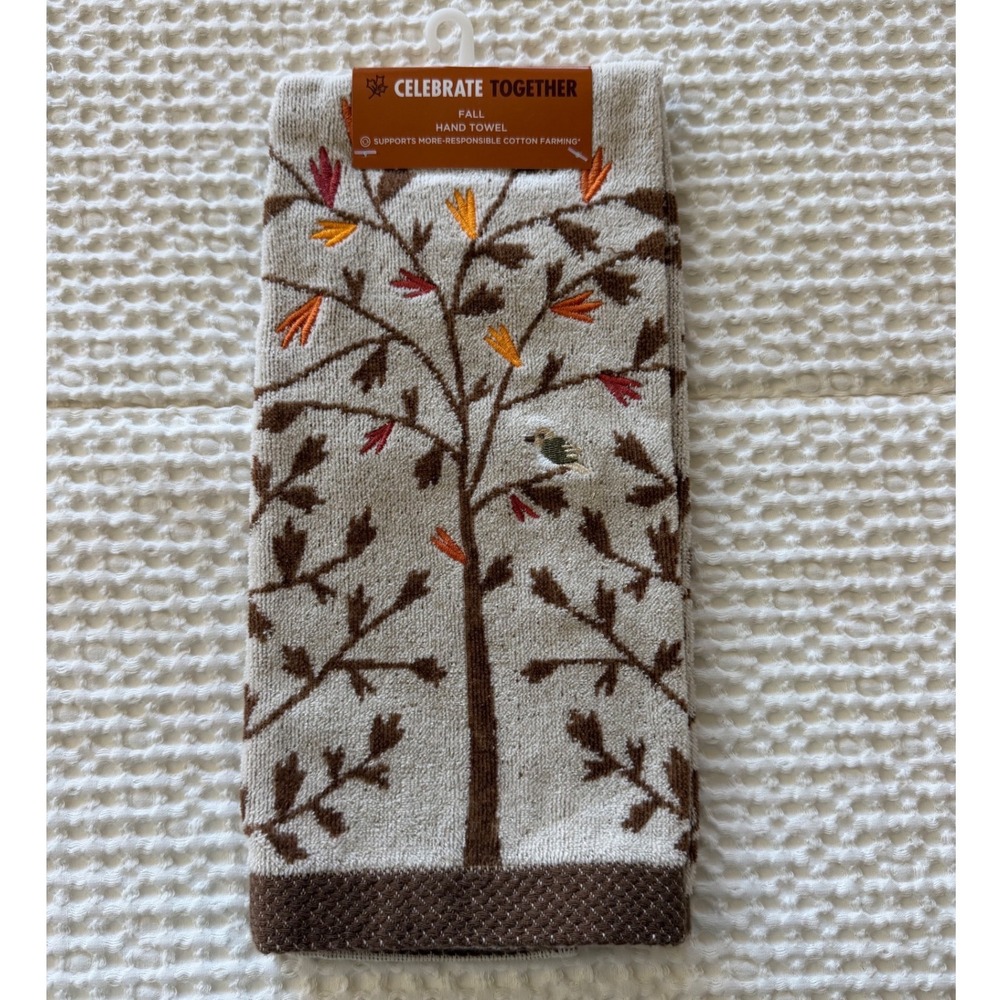 Celebrate Together Fall Hand Towel Tan Autumn Tree Embroidered Cotton 16x25 New
